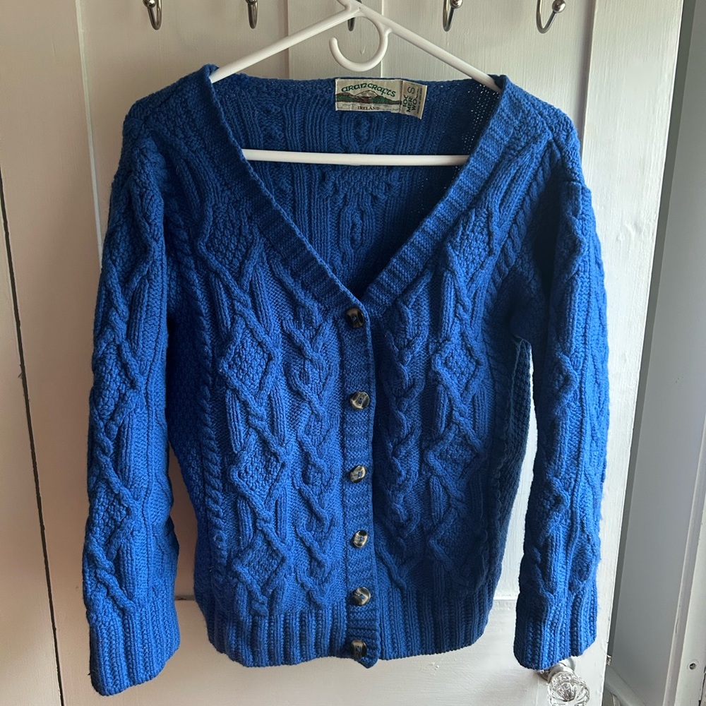 Aran Crafts Blue Cable Knit Cardigan Sweater
